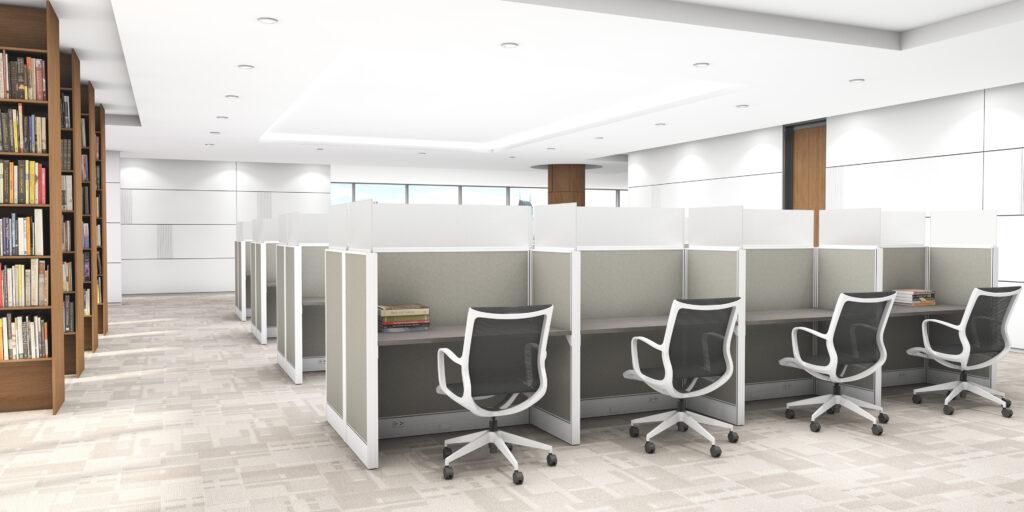 Modern office cubicles with stackers and ergonomic chairs