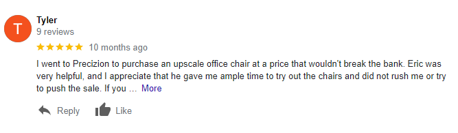 Google review by Tyler V. M. praising Precizion Office Furniture for helpful service and affordable upscale office chairs